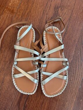 Zimmermann Metallic Strappy Lace-Up Sandals in Silver and Tan size 39